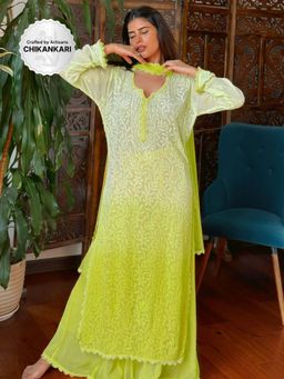Label Aishwaryrika - Lime Green Chikankari Lace Kurta with Palazzo and Dupatta (Set of 3)