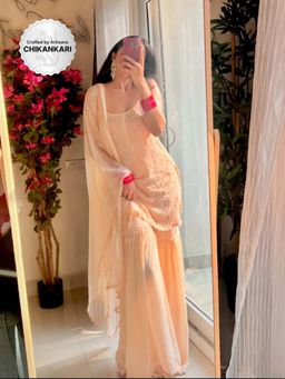 Label Aishwaryrika - Naira Beige Chikankari Sharara with Short Kurta and Dupatta (Set of 3)