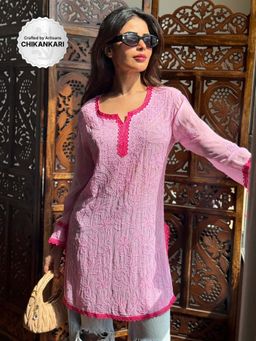 Label Aishwaryrika - Flora Rose Pink Chikankari Short Kurti