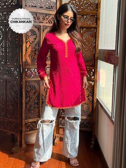 Label Aishwaryrika - Sunkissed Magenta Chikankari Short Kurti