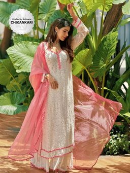 Label Aishwaryrika - Pink Pearl Rose Chikankari Lace Kurta with Palazzo and Dupatta