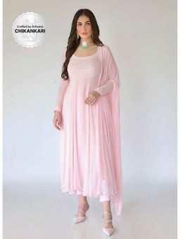 Label Aishwaryrika - Camellia Pink Chikankari Embroidery Anarkali Pant with Dupatta