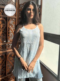 Label Aishwaryrika - Icy Blue Summer Sorbet Chikankari Short Kurti