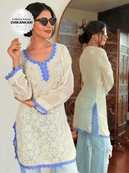 Label Aishwaryrika - Beige Aniyah Butter Chikankari Short Kurti