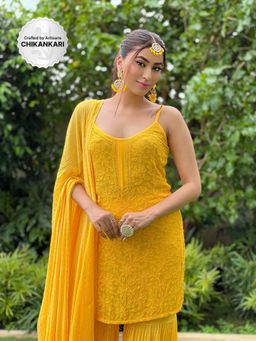 Label Aishwaryrika - Yellow Molten Chikankari and Mukaish Kurti