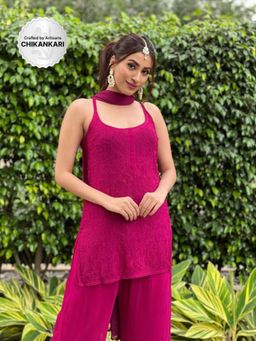 Label Aishwaryrika - Ruby Pink Short Strappy Chikankari Kurti