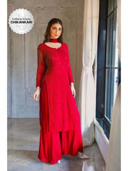 Label Aishwaryrika - Forbidden Red Full Sleeves Chikankari Kurta