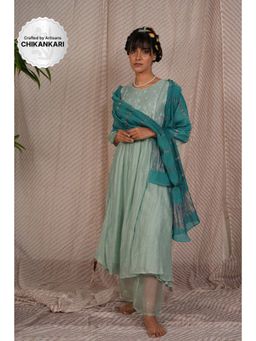 PANTS AND PAJAMAS - Aqua Chikan Embroidered Kurta (Set of 3)