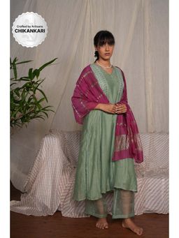 PANTS AND PAJAMAS - Moss Green Chikan Embroidered Kurta (Set of 3)