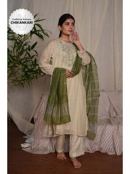 PANTS AND PAJAMAS - Sege Green Chikan Embroidered Kurta (Set of 3)