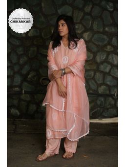 PANTS AND PAJAMAS - Blush Pink Chikan Embroidered Kurta (Set of 3)