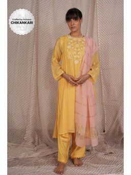 PANTS AND PAJAMAS - Yellow Chikan Embroidered Kurta (Set of 3)