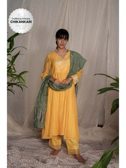 PANTS AND PAJAMAS - Yellow Chikan Embroidered Kurta (Set of 3)