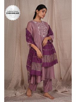 PANTS AND PAJAMAS - Purple Chikan Embroidered Kurta (Set of 3)