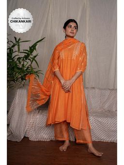 PANTS AND PAJAMAS - Orange Chikan Embroidered Kurta (Set of 3)