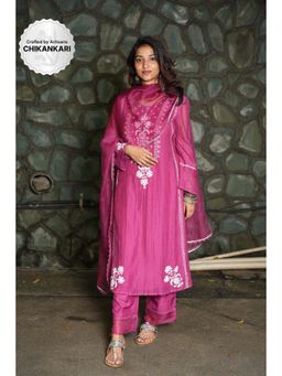 PANTS AND PAJAMAS - Berry Chikan Embroidered Kurta (Set of 3)