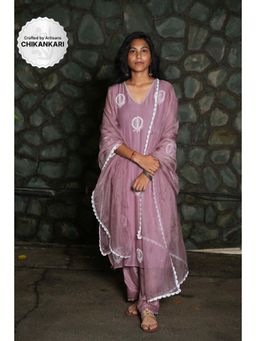 PANTS AND PAJAMAS - Purple Chikan Embroidered Kurta (Set of 3)