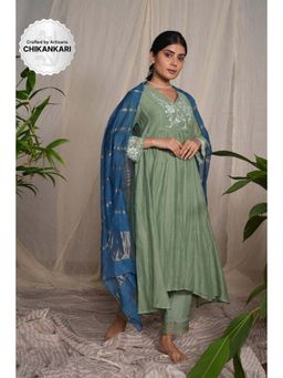 PANTS AND PAJAMAS - Moss Green Chikan Embroidered Kurta (Set of 3)