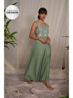 PANTS AND PAJAMAS - Moss Green Chikan Chanderi Mull Dress