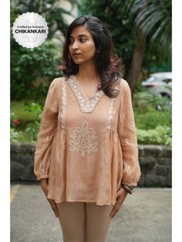 PANTS AND PAJAMAS - Beige Chikan Chanderi Mull Top