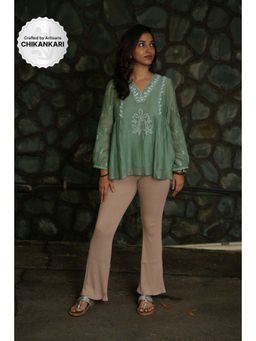 PANTS AND PAJAMAS - Moss Green Chikan Chanderi Mull Top