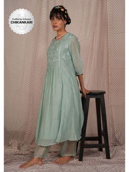 PANTS AND PAJAMAS - Aqua Chikan Chanderi Mull Kurta & Cotton Silk Pant (Set of 2)