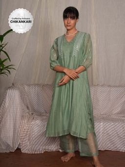 PANTS AND PAJAMAS - Moss Green Chikan Chanderi Mull Kurta & Cotton Silk Pant (Set of 2)