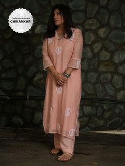 PANTS AND PAJAMAS - Blush Pink Chikan Chanderi Mull Kurta & Cotton Silk Pant (Set of 2)