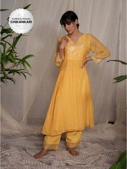 PANTS AND PAJAMAS - Yellow Chikan Chanderi Mull Kurta & Cotton Silk Pant (Set of 2)