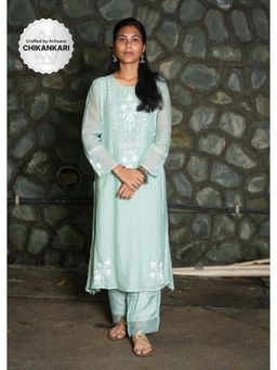 PANTS AND PAJAMAS - Aqua Chikan Chanderi Mull Kurta & Cotton Silk Pant (Set of 2)