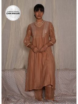 PANTS AND PAJAMAS - Beige Chikan Chanderi Mull Kurta & Cotton Silk Pant (Set of 2)