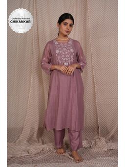 PANTS AND PAJAMAS - Lilac Chikan Chanderi Mul Kurta & Cotton Silk Pant (Set of 2)