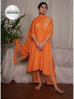 PANTS AND PAJAMAS - Orange Chikan Chanderi Mull Kurta & Cotton Silk Pant (Set of 2)