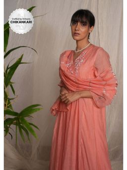 PANTS AND PAJAMAS - Peach Chikan Embroidered Kurta (Set of 3)