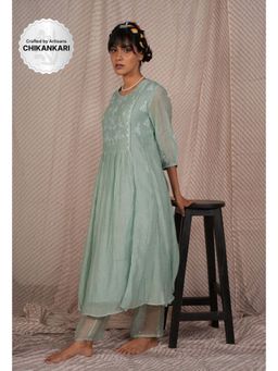PANTS AND PAJAMAS - Aqua Chikan Chanderi Mull Kurta