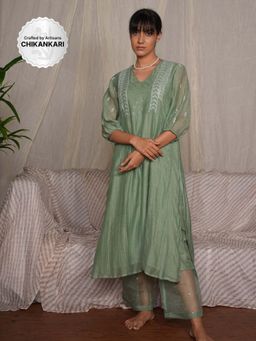 PANTS AND PAJAMAS - Moss Green Chikan Chanderi Mull Kurta