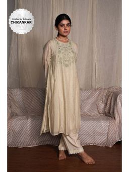 PANTS AND PAJAMAS - Sege Cream Chikan Chanderi Mul Kurta