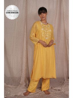 PANTS AND PAJAMAS - Yellow Chikan Chanderi Mul Kurta