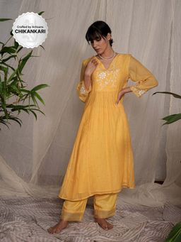 PANTS AND PAJAMAS - Yellow Chikan Chanderi Mull Kurta