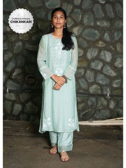 PANTS AND PAJAMAS - Aqua Chikan Chanderi Mull Kurta