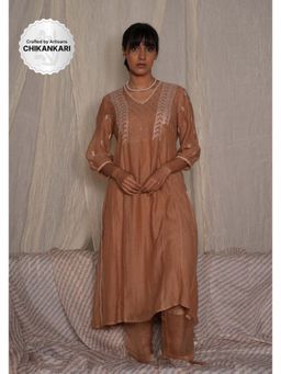 PANTS AND PAJAMAS - Beige Chikan Chanderi Mull Kurta