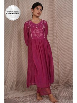 PANTS AND PAJAMAS - Berry Chikan Chanderi Mull Kurta