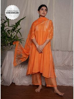 PANTS AND PAJAMAS - Orange Chikan Chanderi Mull Kurta