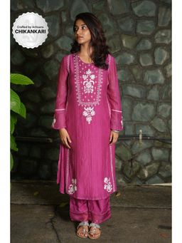 PANTS AND PAJAMAS - Berry Chikan Chanderi Mull Kurta
