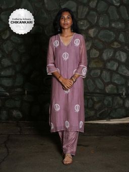PANTS AND PAJAMAS - Lilac Chikan Chanderi Mull Kurta
