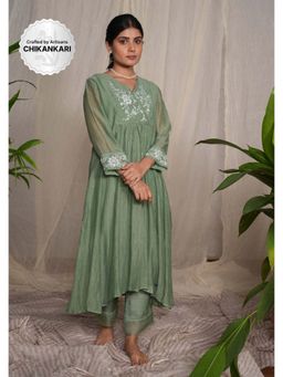 PANTS AND PAJAMAS - Moss Green Chikan Chanderi Mull Kurta