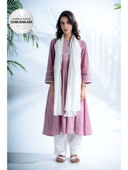 PANTS AND PAJAMAS - Mauve Lilac Chikankari in Cotton and Chanderi Dupatta (Set of 3)