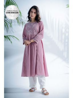 PANTS AND PAJAMAS - Mauve Lilac Chikankari in Cotton Kurta, Cotton Bottom (Set of 2)