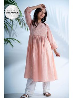 PANTS AND PAJAMAS - Rozovo Blush Pink Chikankari in Cotton Kurta and Cotton Bottom (Set of 2)
