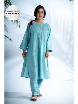 PANTS AND PAJAMAS - Misty Aqua Chikankari in Cotton Kurta and Cotton Bottom (Set of 2)